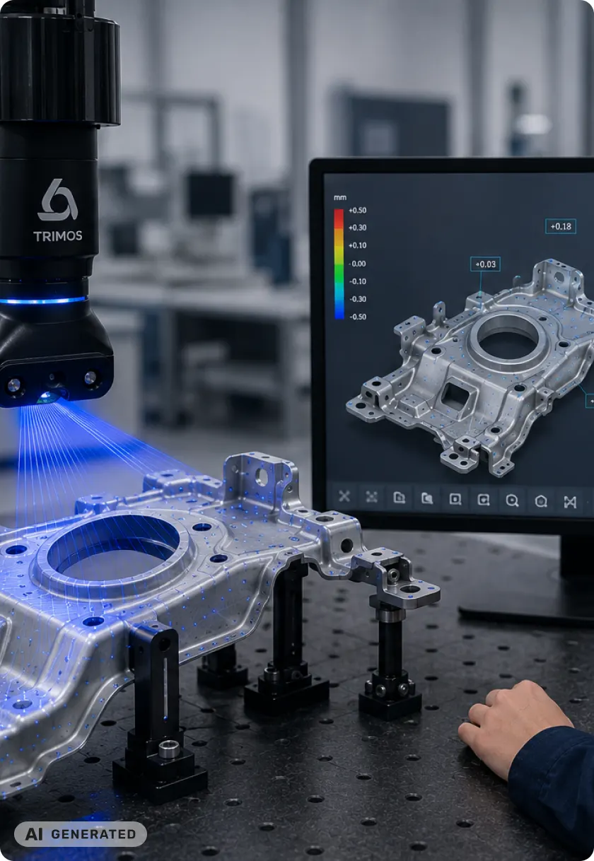 Técnico escaneando en 3D una pieza para su inspección dimensional (imagen generada con IA)