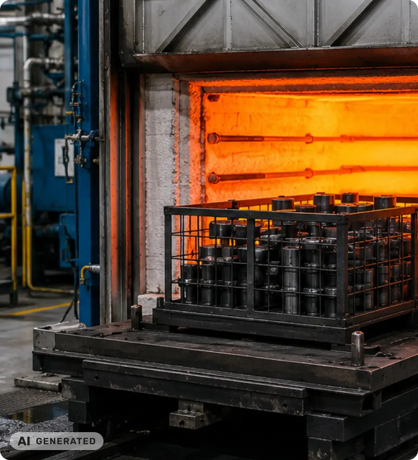 Interior de un horno de temple con piezas metálicas incandescentes (imagen generada con IA)