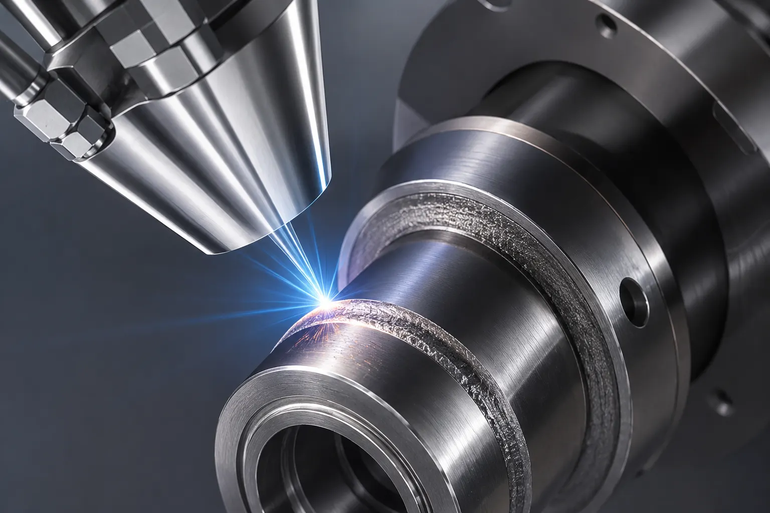 Cabezal láser aplicando Laser Metal Deposition sobre un eje metálico (imagen generada con IA)