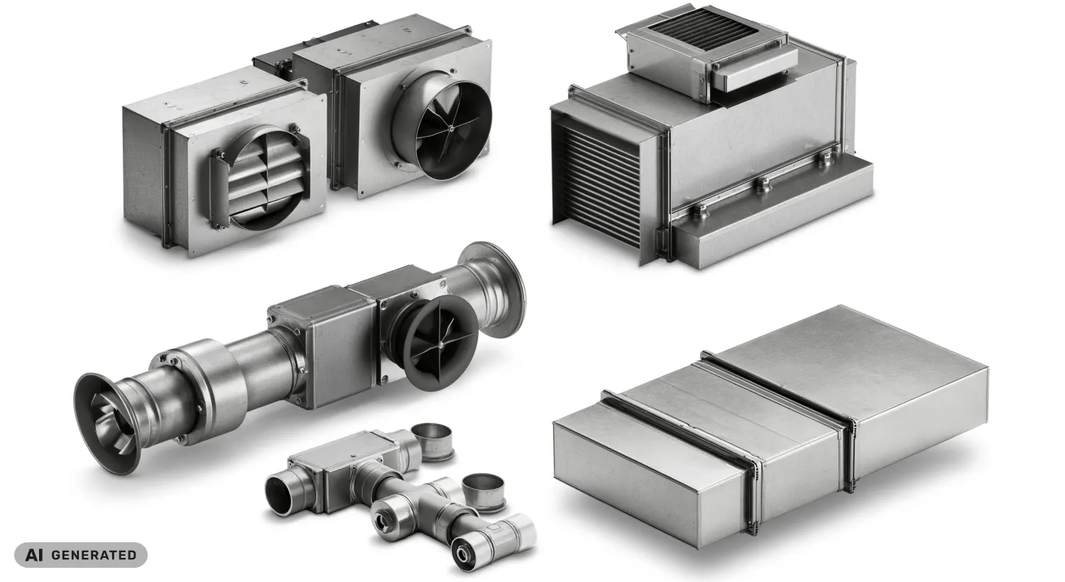 Unidad de tratamiento de aire y conductos metálicos de ventilación (imagen generada con IA)