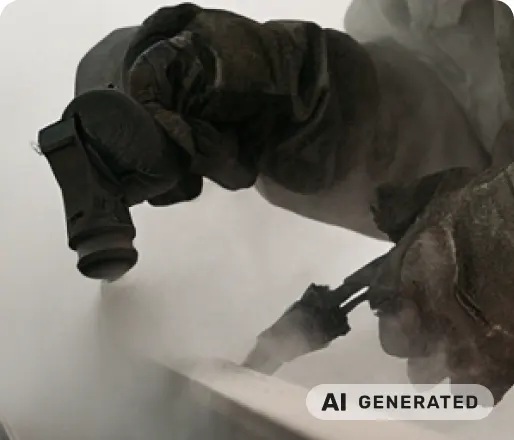 Operator shot blasting steel parts (AI-generated image)