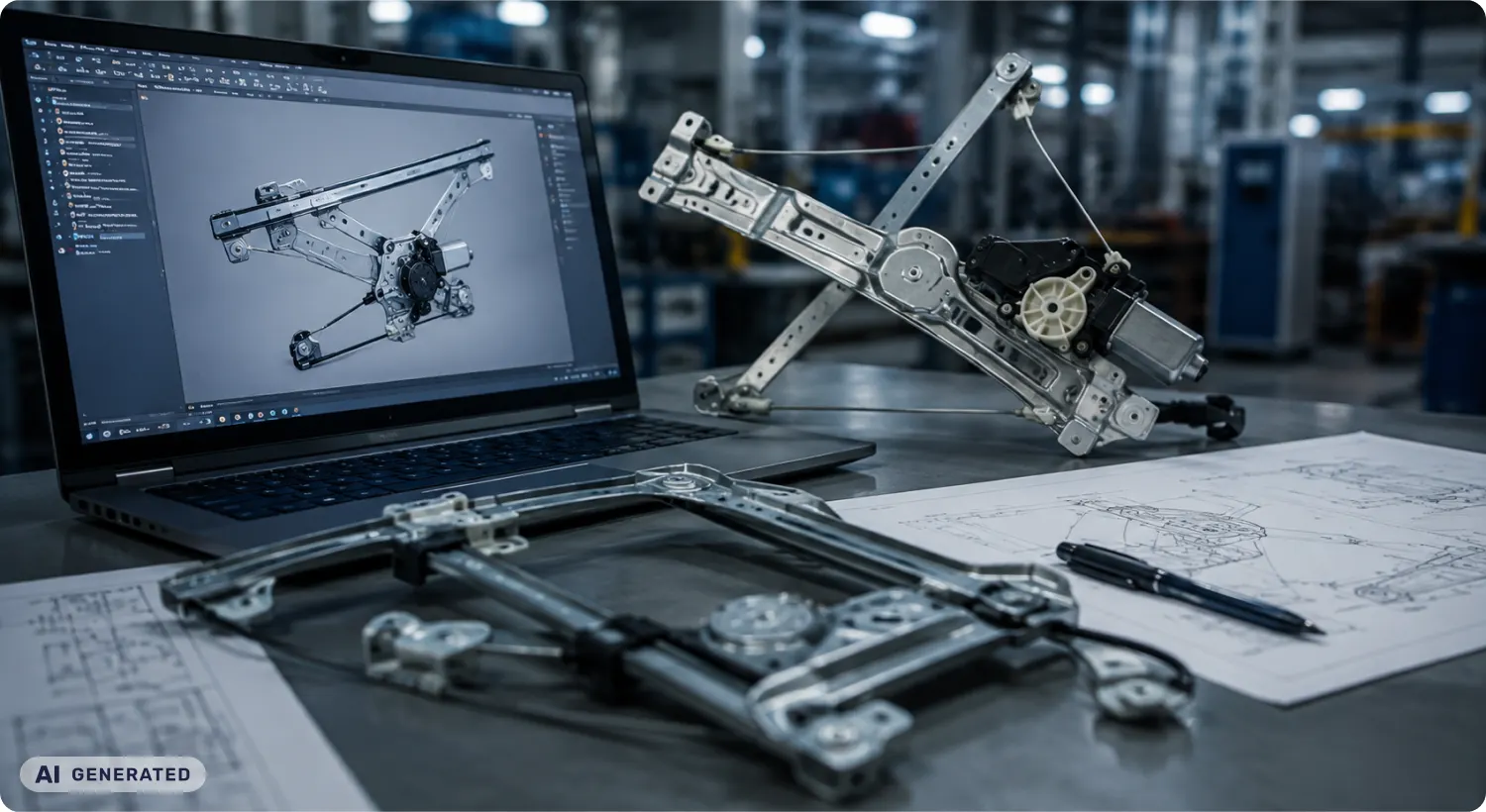 Portátil con un modelo CAD junto a un mecanismo metálico y planos técnicos (imagen generada con IA)