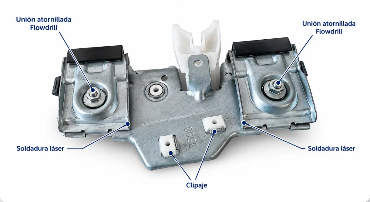 Optimised assembly with flowdrill screw joints, laser welding and clip fastening