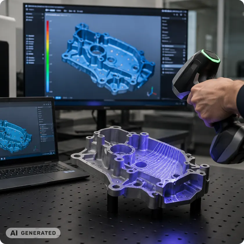 Escaneado 3D de una pieza metálica con el modelo digital en pantalla (imagen generada con IA)