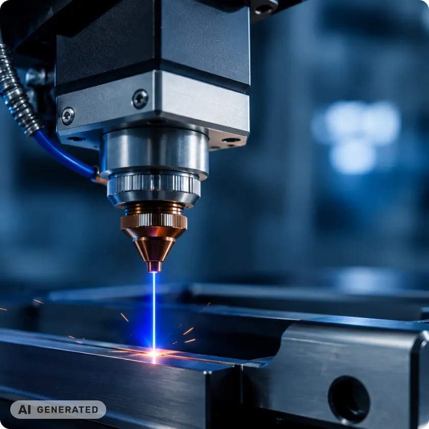 Cabezal de soldadura láser LBW trabajando sobre una pieza metálica (imagen generada con IA)