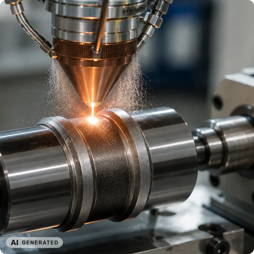 Proceso de Laser Metal Deposition sobre un eje metálico (imagen generada con IA)