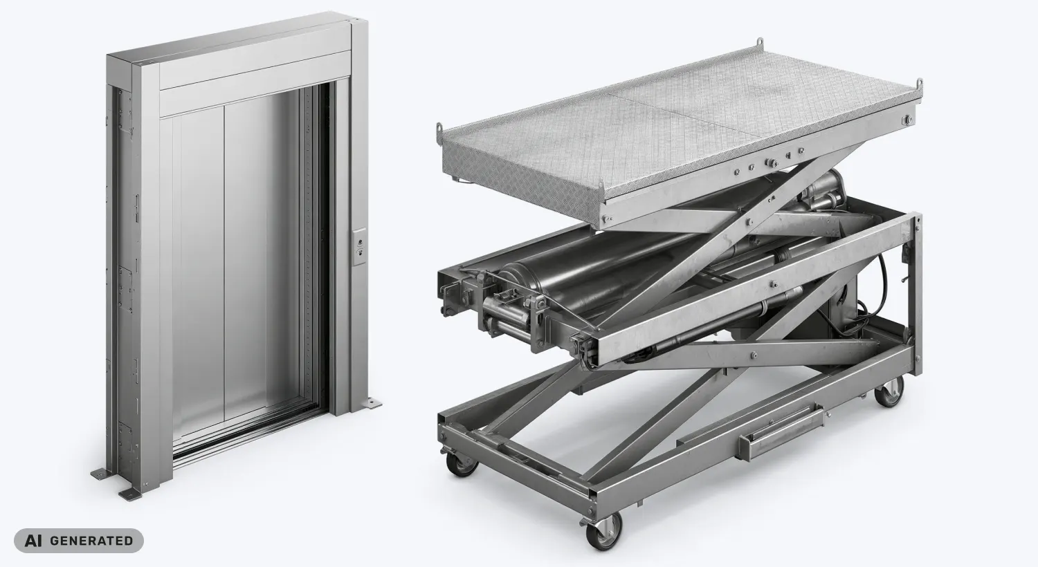 Cabina de ascensor y plataforma elevadora de tijera metálicas (imagen generada con IA)