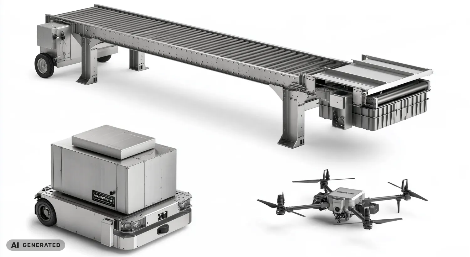 Transportador de rodillos, robot móvil de almacén y dron (imagen generada con IA)