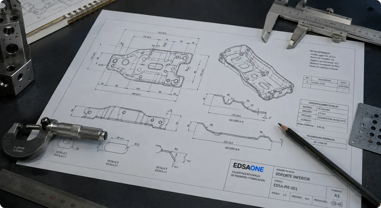 paso-1 Ingeniero revisando un plano técnico de fabricación (imagen generada con IA)