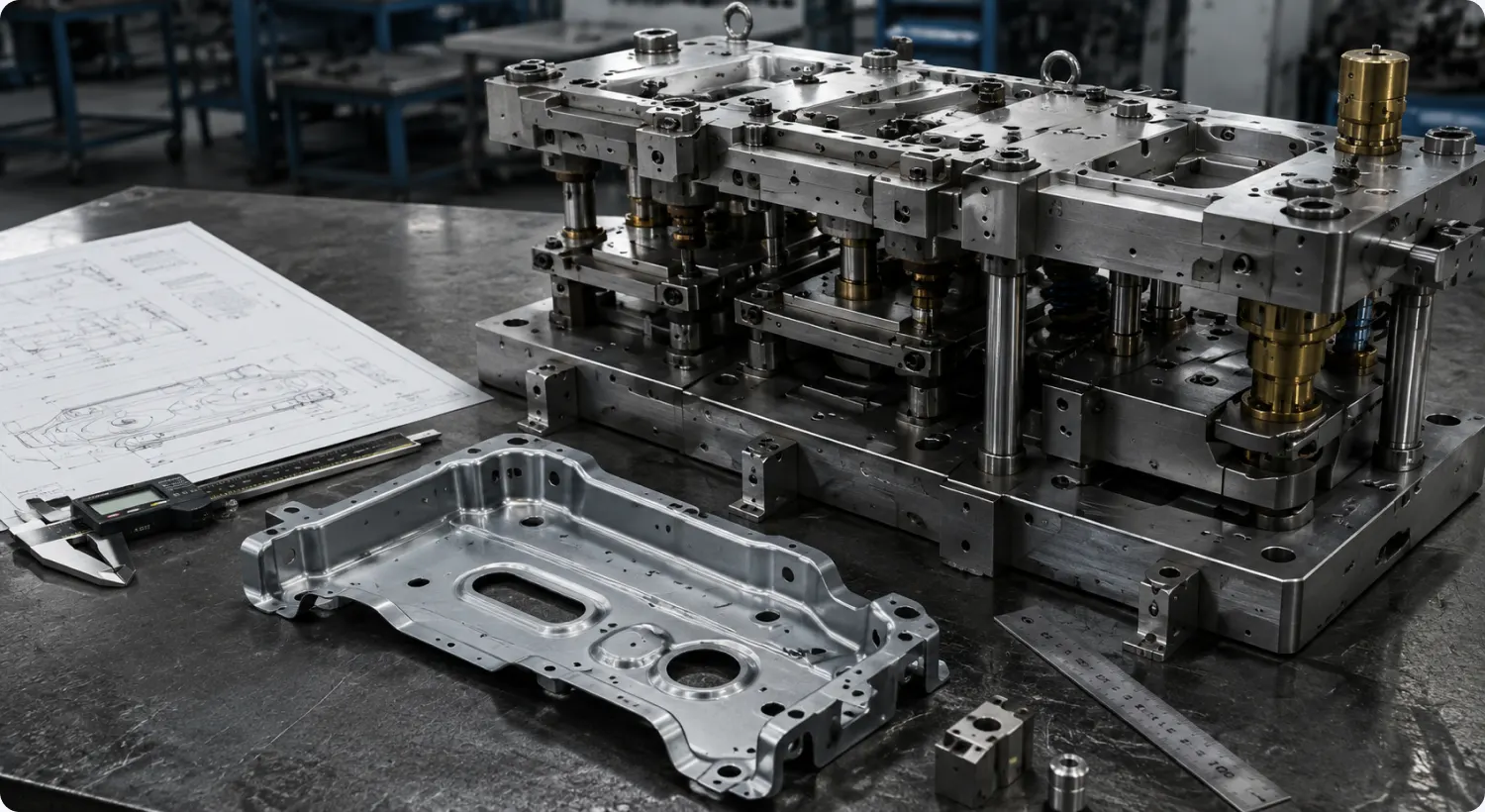 paso-4 Utillaje de estampación y soldadura en el taller (imagen generada con IA)