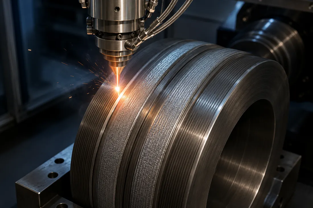 Rodillo metálico durante un proceso de laser cladding (imagen generada con IA)