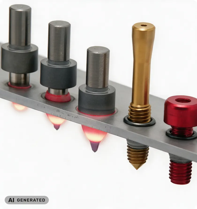 Herramientas de termoconformado Flowdrill sobre una chapa con casquillos roscados (imagen generada con IA)