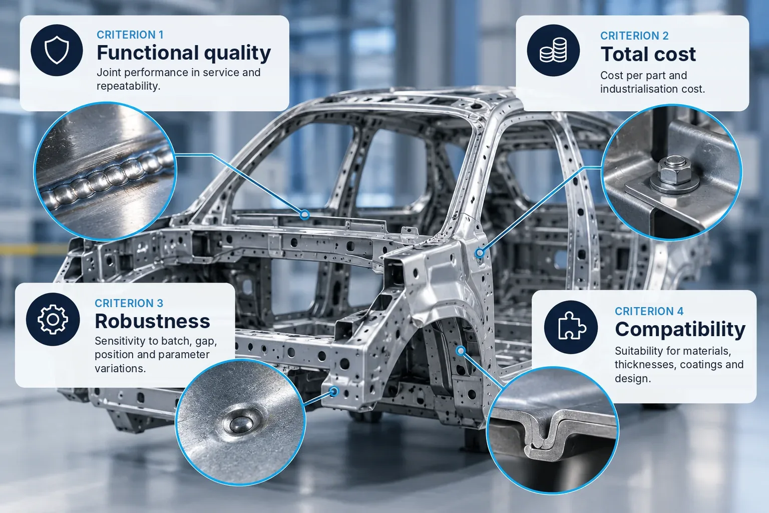 Infographic showing four criteria for choosing a sheet-metal joining technology: functional quality, total cost, robustness and compatibility