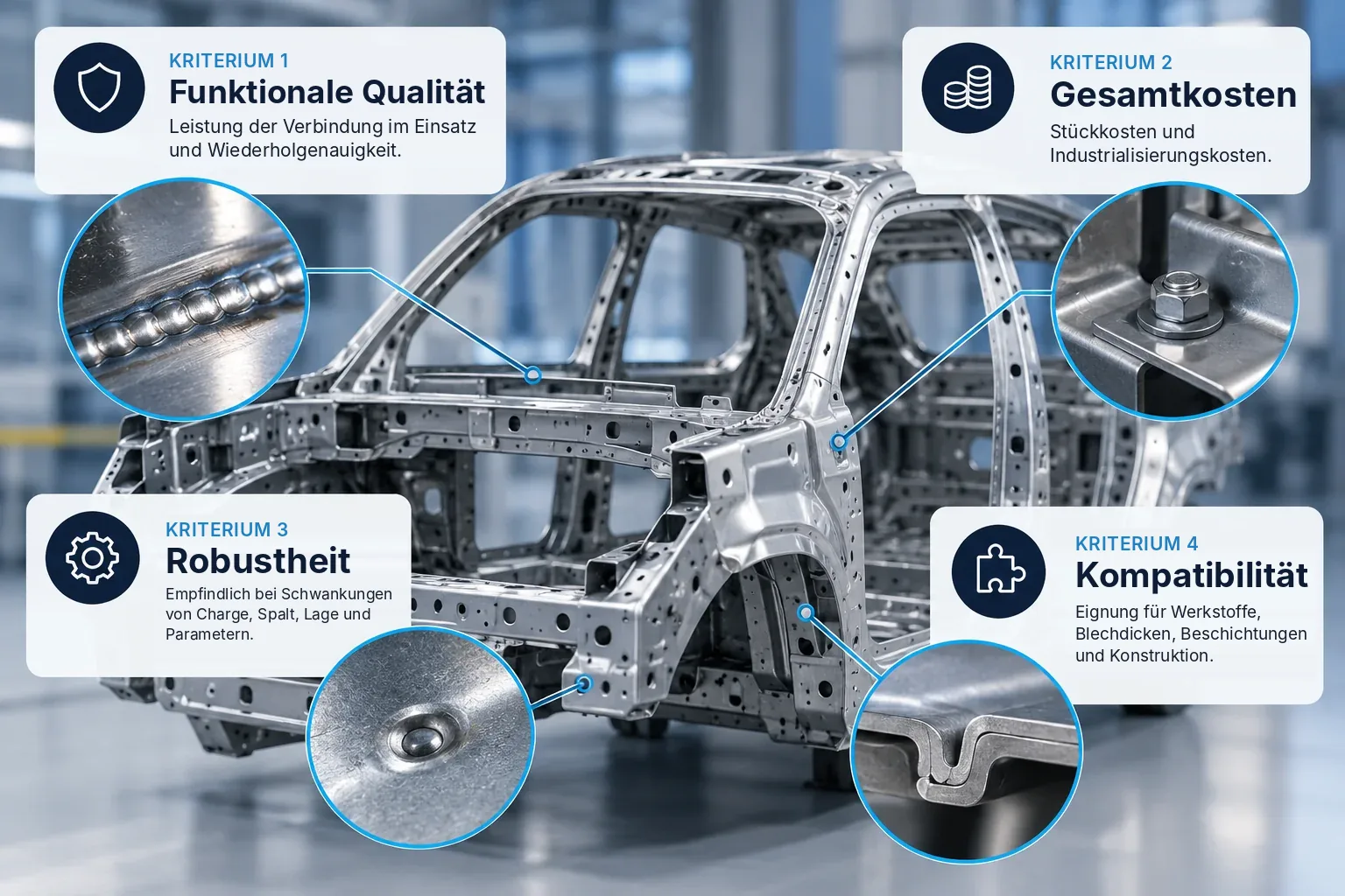 Infografik mit vier Kriterien für die Wahl einer Fügetechnologie für Blech: funktionale Qualität, Gesamtkosten, Robustheit und Kompatibilität