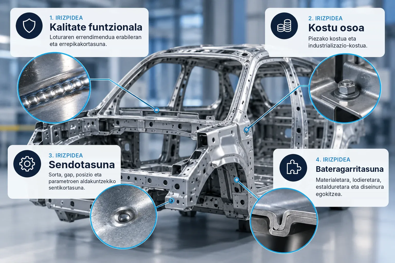 Txaparako lotura-teknologia aukeratzeko lau irizpide erakusten dituen infografia: kalitate funtzionala, kostu osoa, sendotasuna eta bateragarritasuna