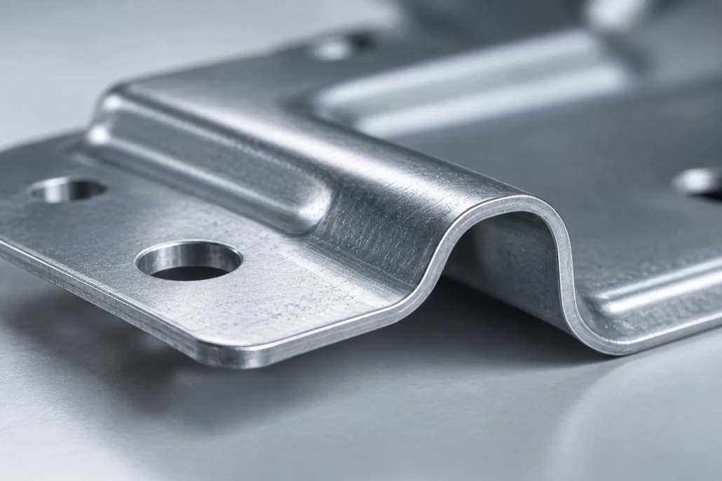 Close-up of a stamped sheet-metal part with bends and holes