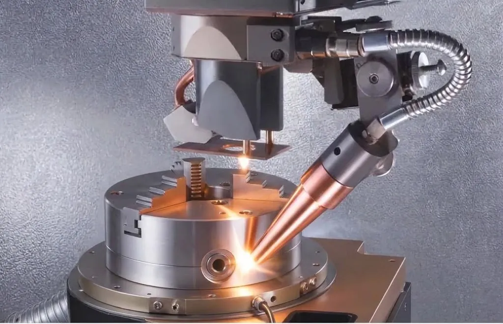 Laser welding head with filler wire torch over a part clamped in a chuck