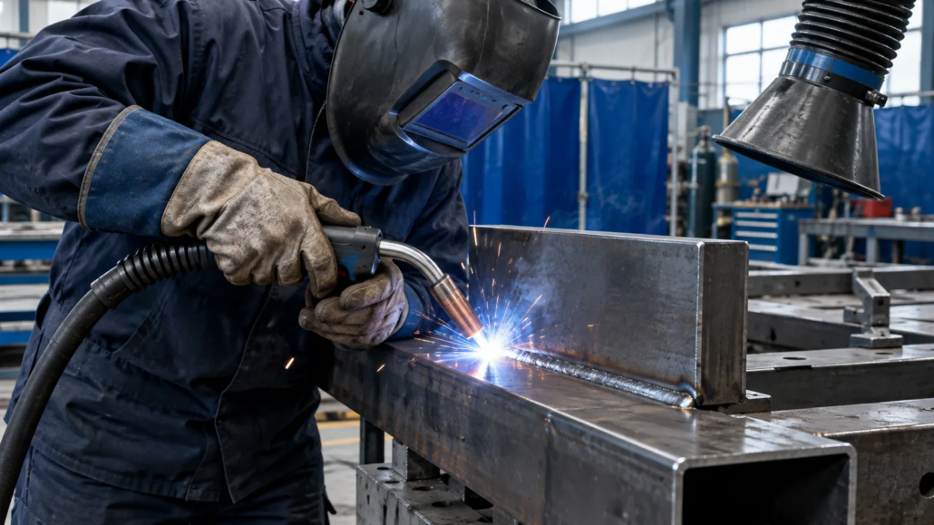 Operator performing manual MIG/MAG welding on a steel section